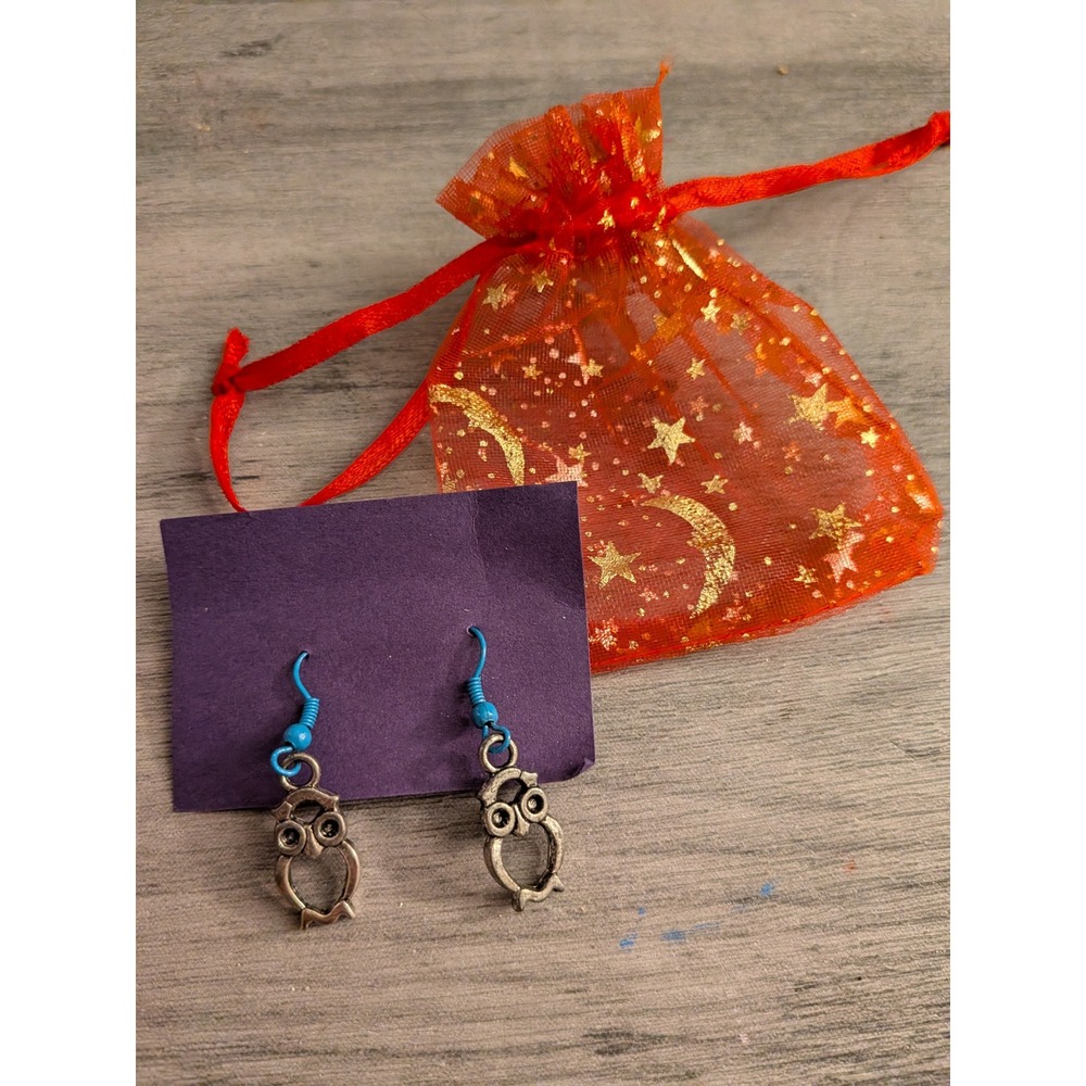 Silver Tone Owl Dangle Earrings with Blue French Hooks and Gift Bag